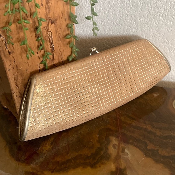 RODO metallic gold clutch, laser cut suede over satin, “kiss” lock. - Picture 3 of 17